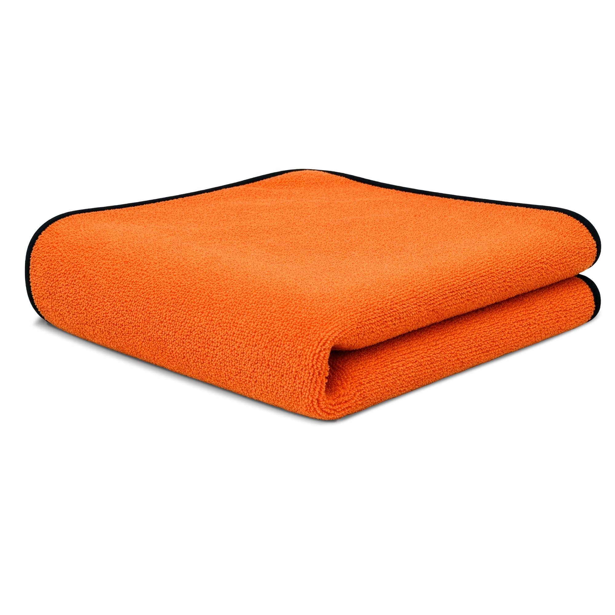 Orange microfiber cleaning cloth, terry texture with black edge trim