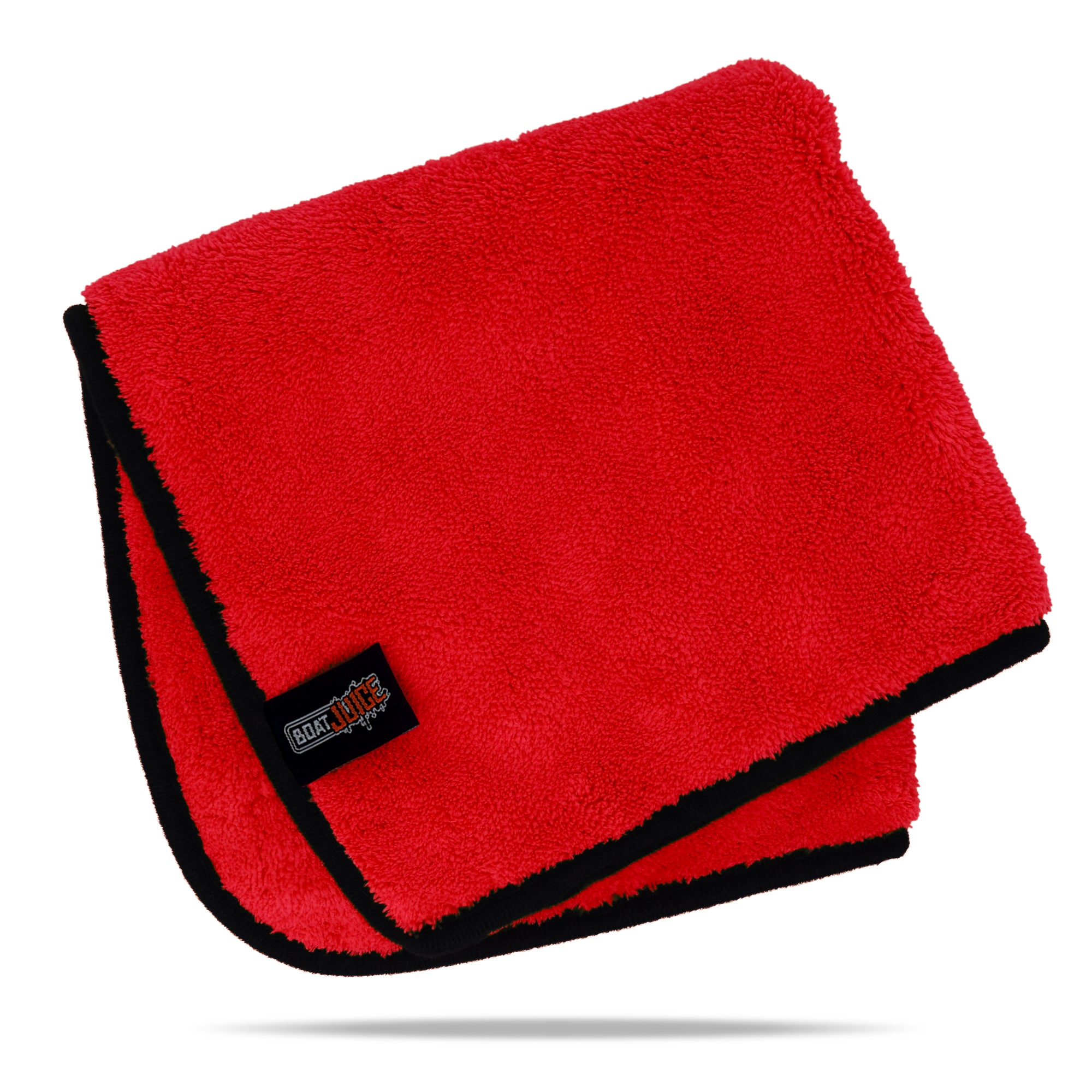 Red microfibre car cleaning towel with soft plush pile and black trim, absorbent and streak-free