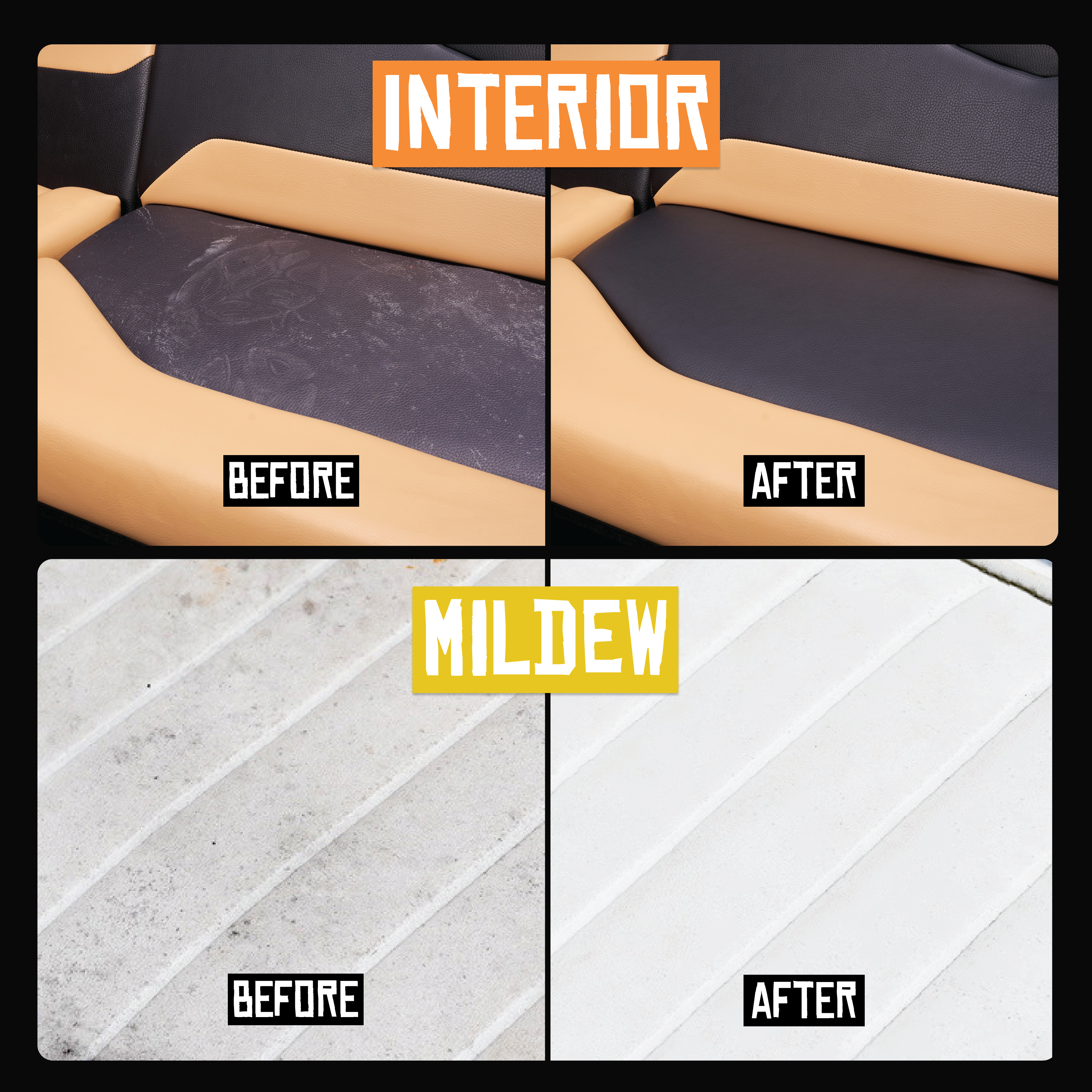 Before-and-after upholstery cleaner results on dark and tan leather couch seats, material restoration