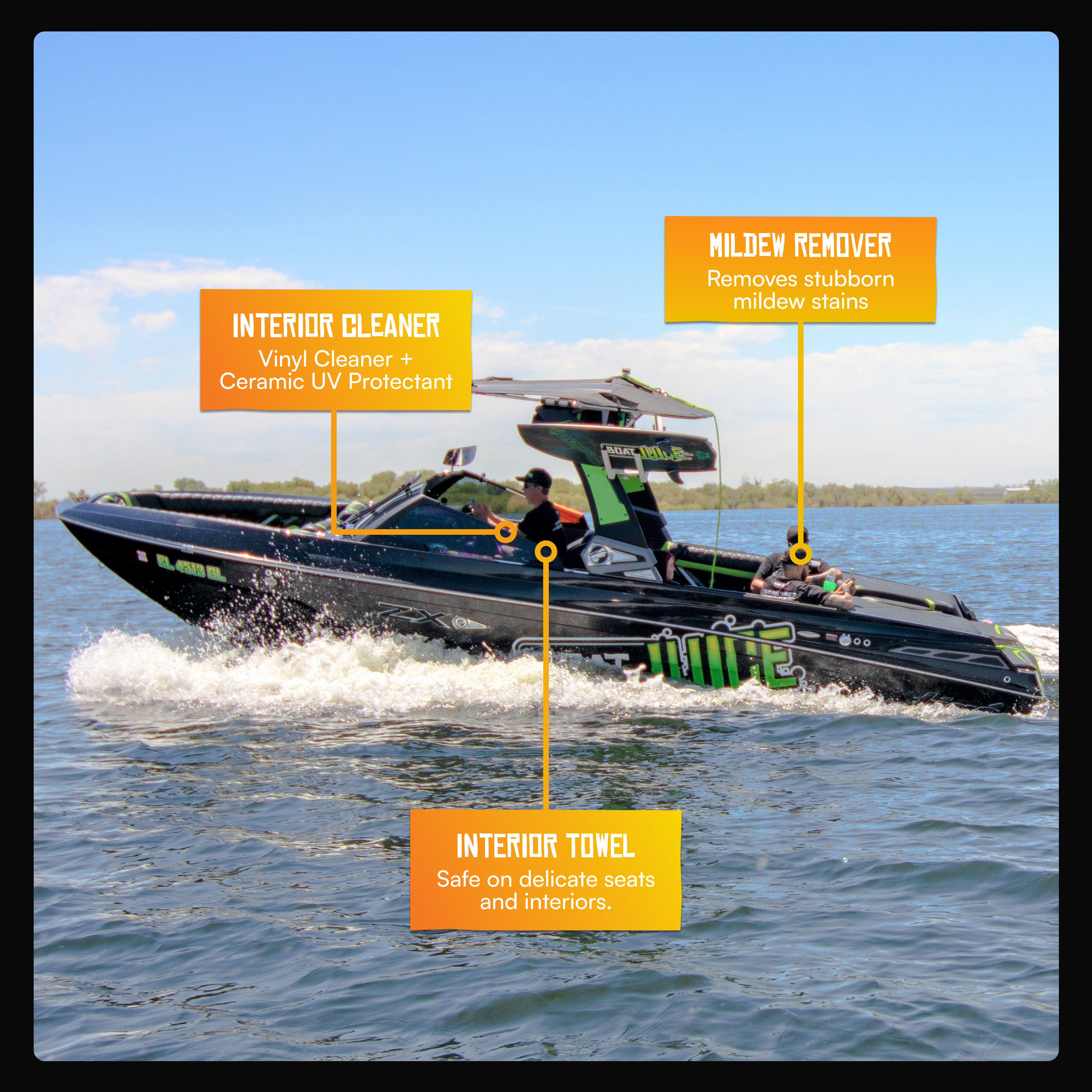 Vinyl cleaner and ceramic UV protectant for boats; removes mildew stains, orange formula