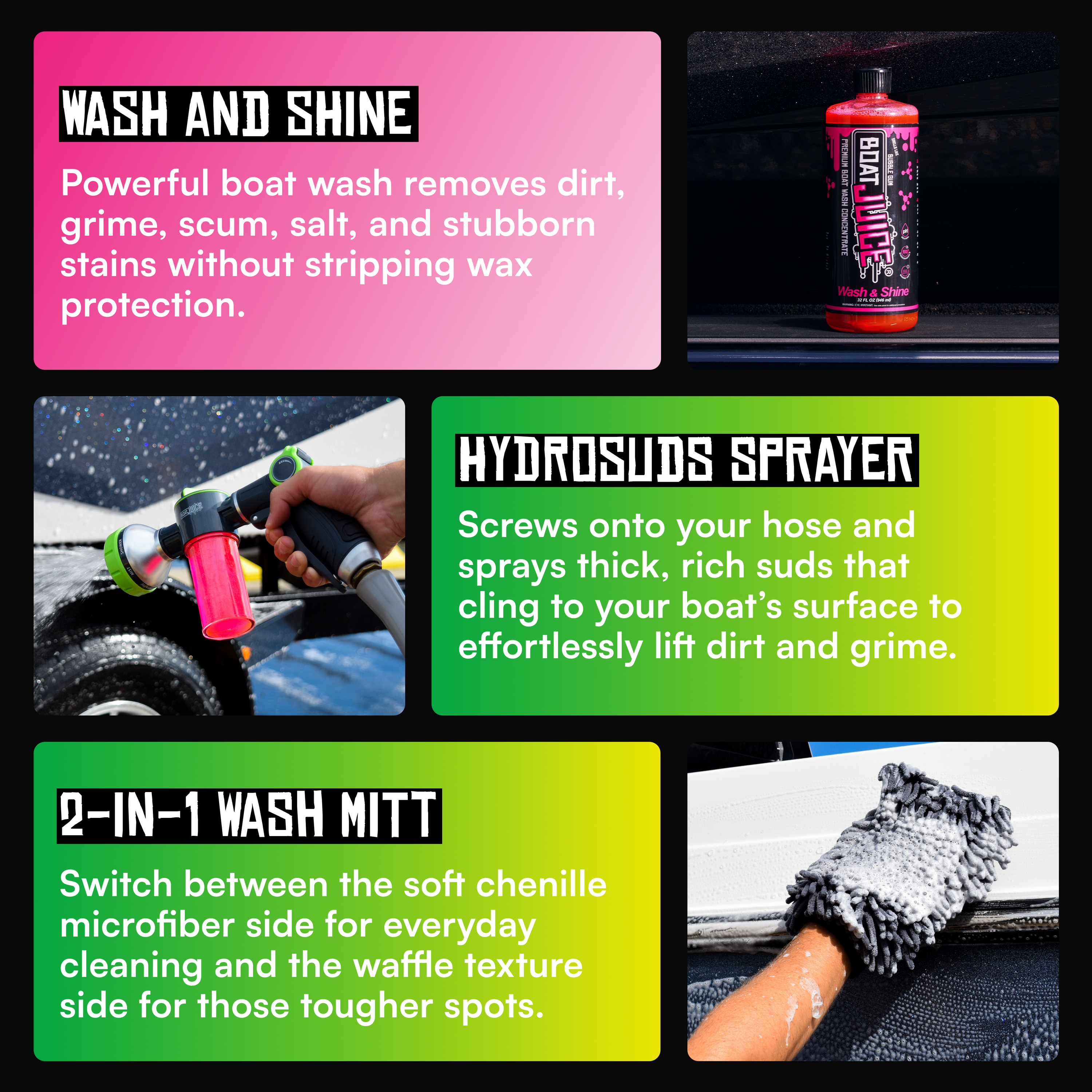 Wash & Shine boat cleaner bottle, red liquid formula for removing dirt, grime, salt, and stains