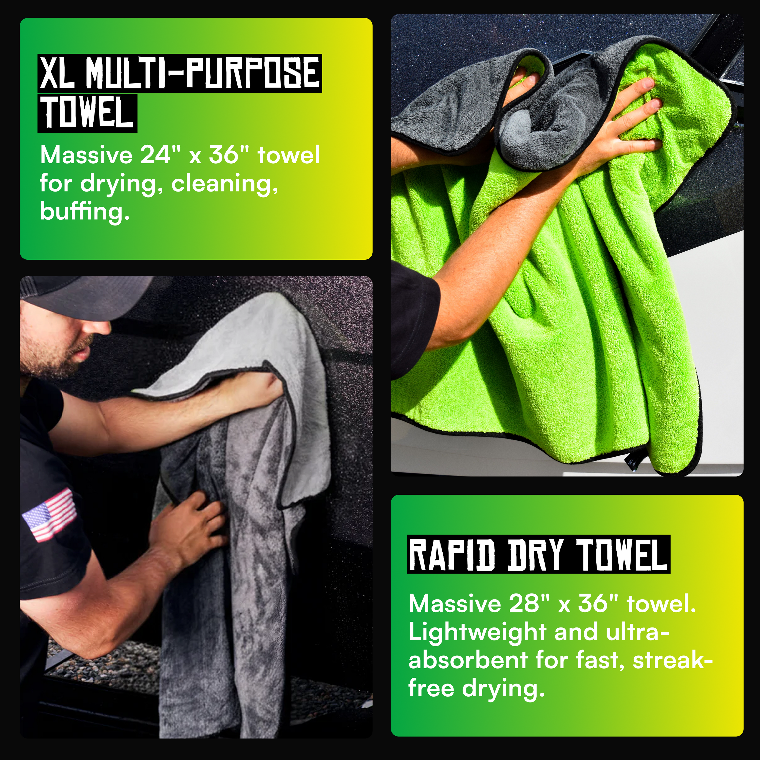 XL microfiber towel in neon green with dark trim, massive absorbency for drying and buffing cars